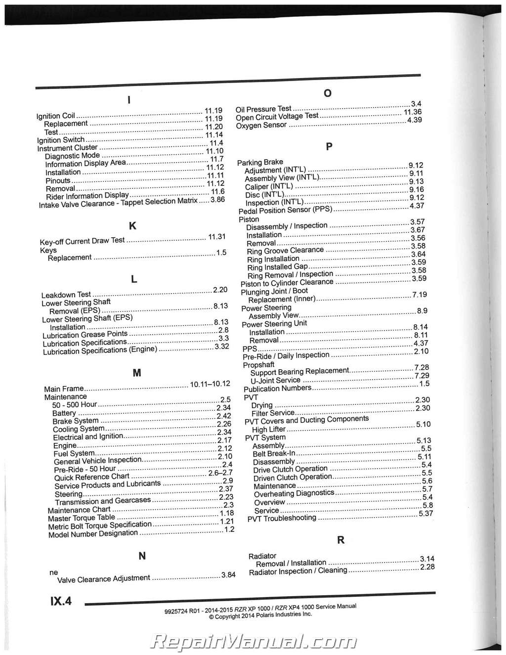 2014-2016 Polaris RZR XP XP4 1000 Side by Side Service Manual