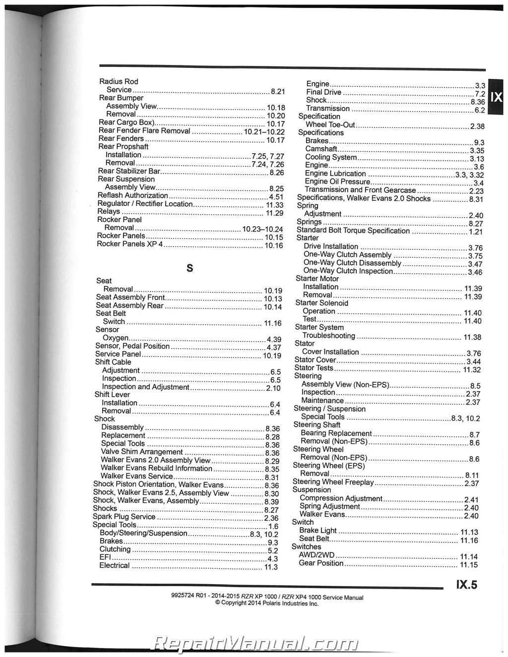 2014-2016 Polaris RZR XP XP4 1000 Side by Side Service Manual