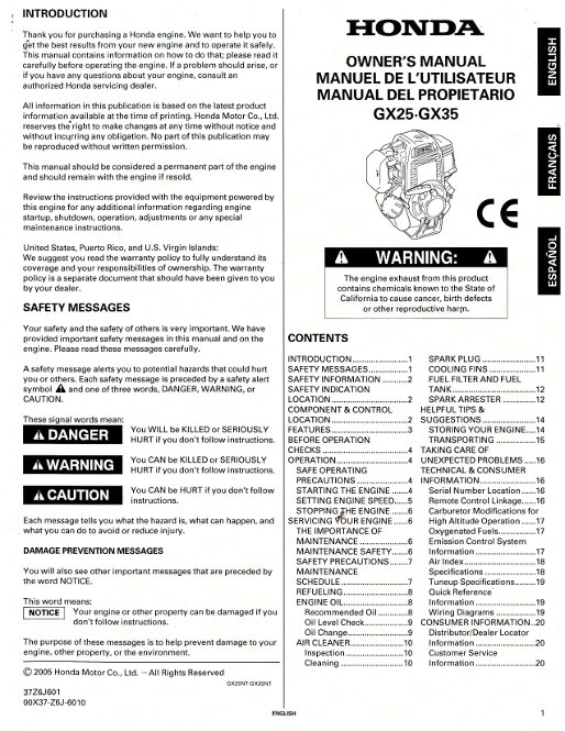 Honda GX25 GX35 Engine Owners Manual