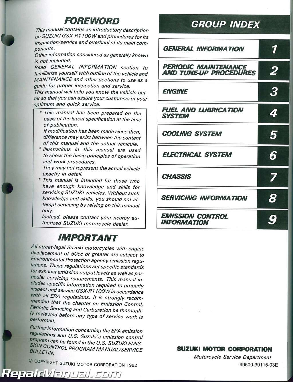 Service manual SUZUKI GSX R 1100 W 1993 Reparaturanleitung Werkstatthandbuch 