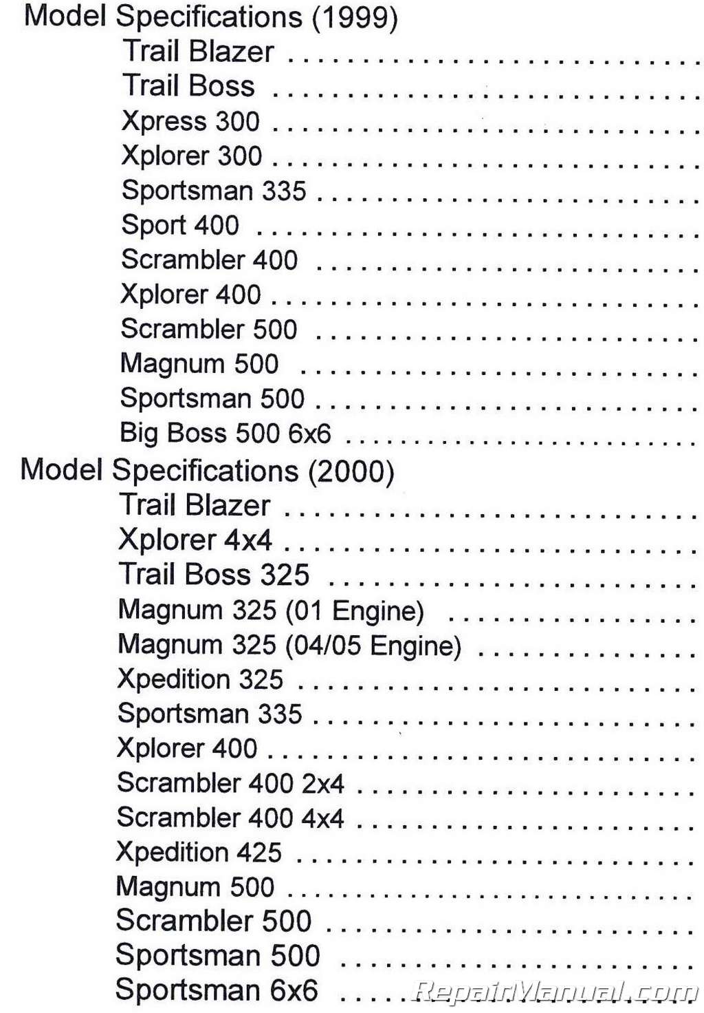 1999 Polaris Xplorer 300 400 Trail Boss 250 Sport 400 And Magnum 325 500 Service Manual