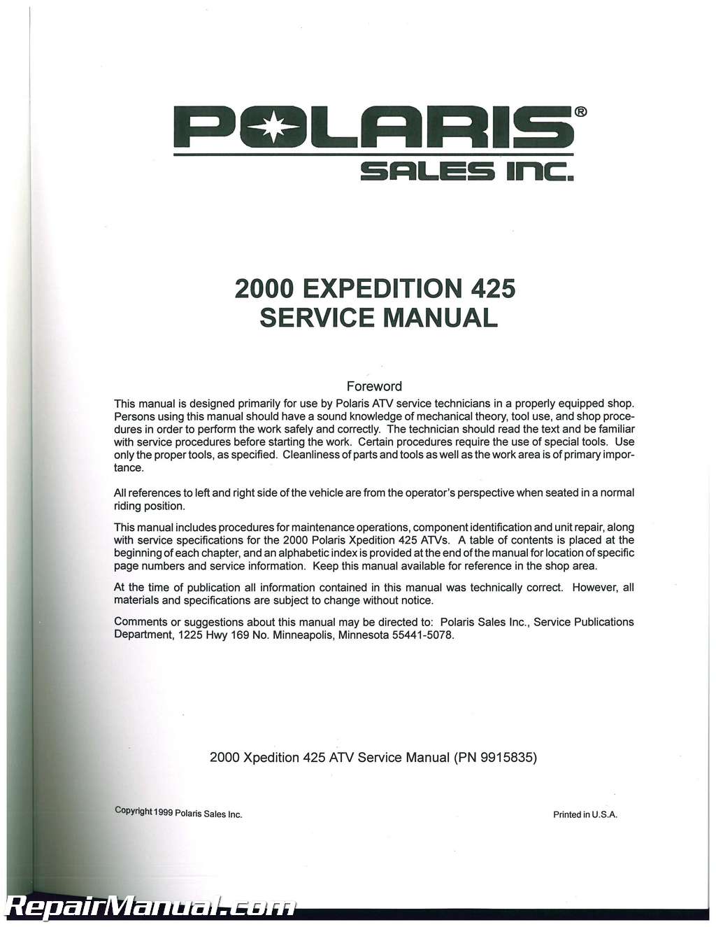 2000 Polaris Xpedition 425 Service Manual