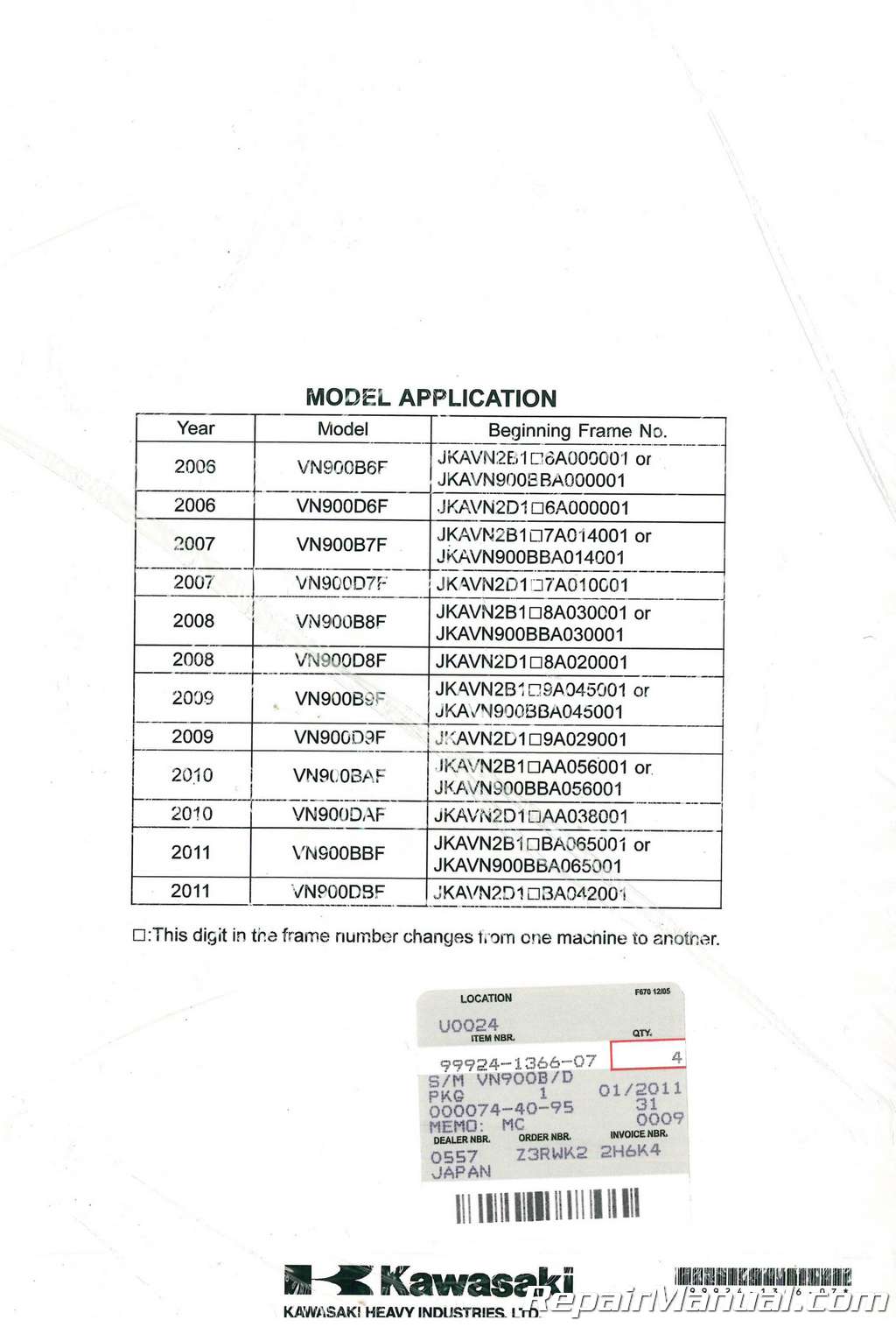 Kawasaki Vulcan 900 Classic & LT 2006 2007 2008 2009 2010 service manual on CD 
