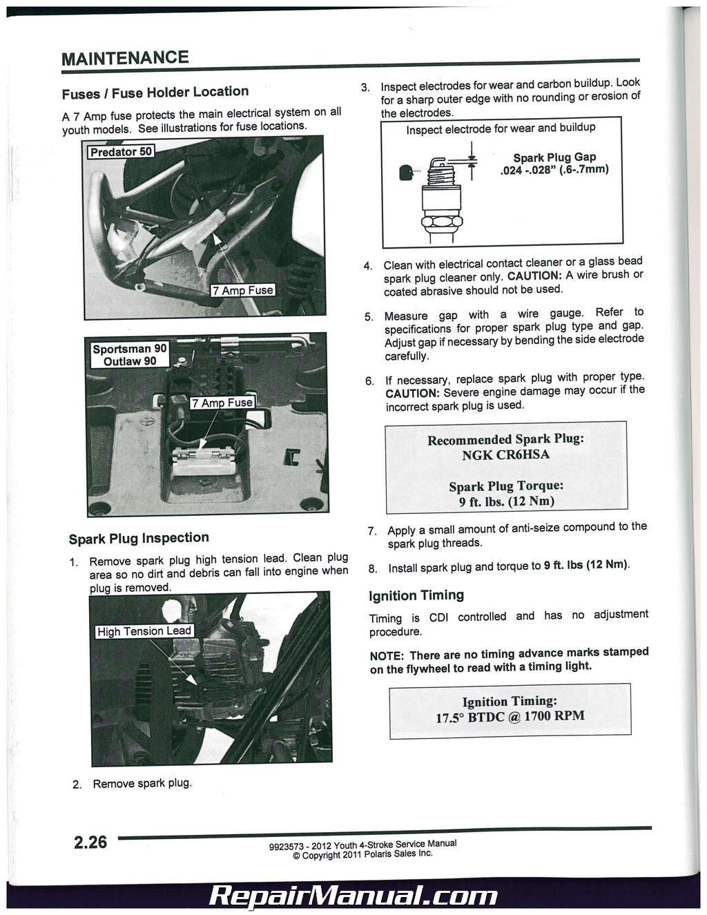 2012 Polaris Outlaw 50 Outlaw 90 And Sportsman 90 Service Manual