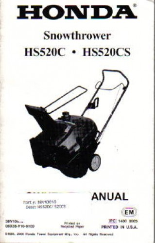 Official Honda HS520AS Snowthrower Factory Owners Manual