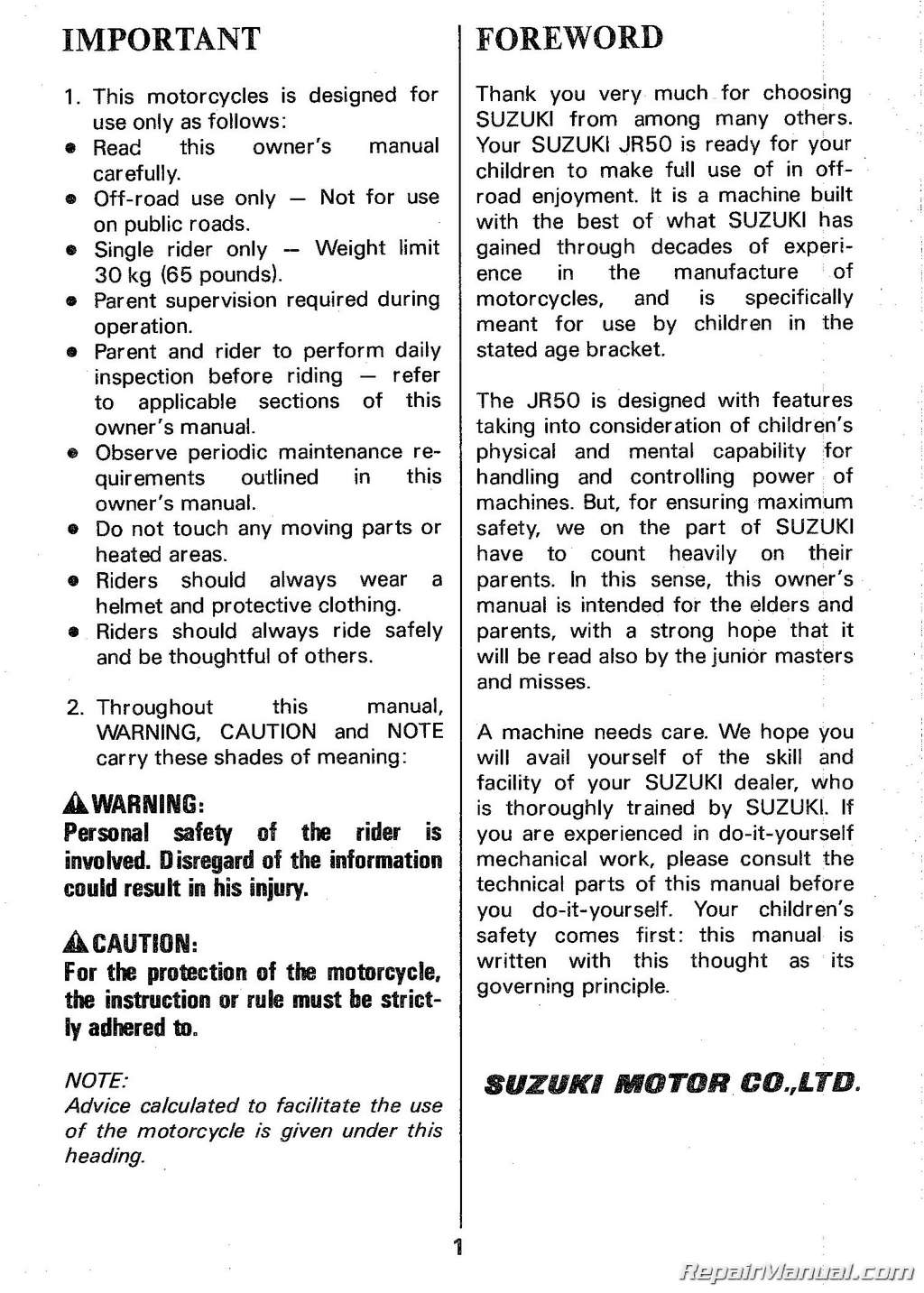 SUZUKI JR50 K4 2004 owner`s manual manuel du proprietaire Fahrerhandbuch 