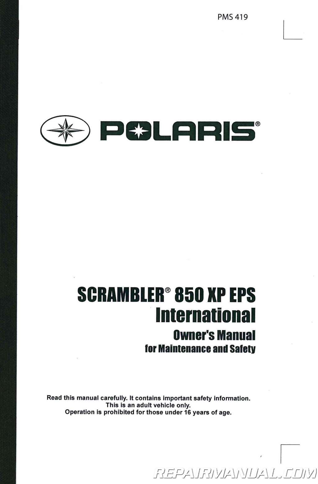 2014 Polaris Scrambler 850 XP EPS International Owners Manual