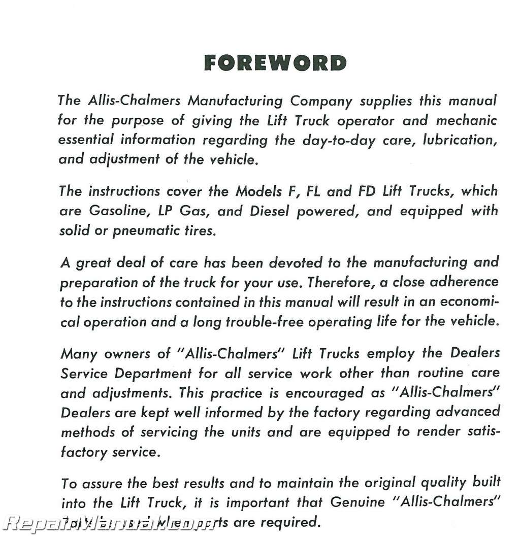 Allis Chalmers F Series Forklift Operators Manual