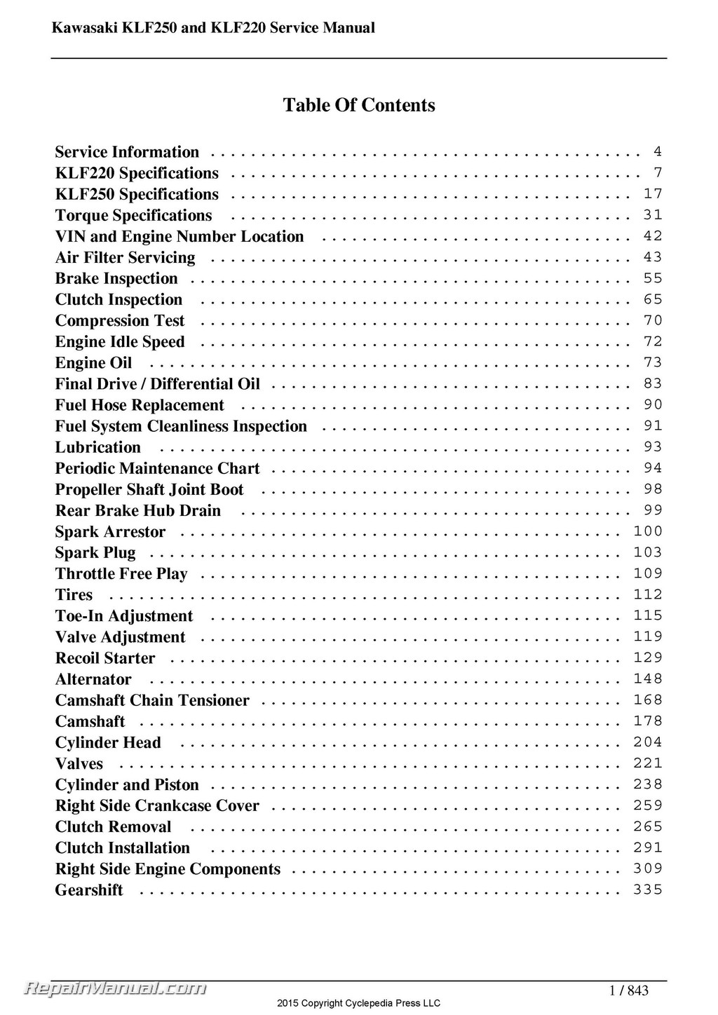 Kawasaki Bayou 220 250 KLF220 KLF250 Printed Cyclepedia ATV Service Manual