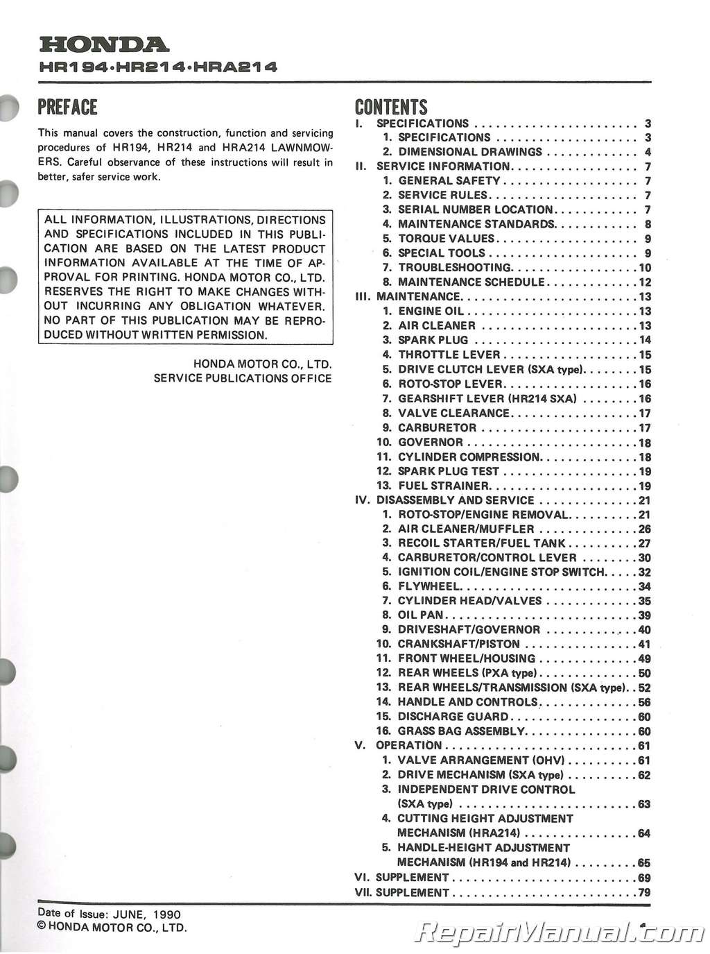 Honda HR194 HR214 HRA194 And HRA214 Lawn Mower Shop Manual