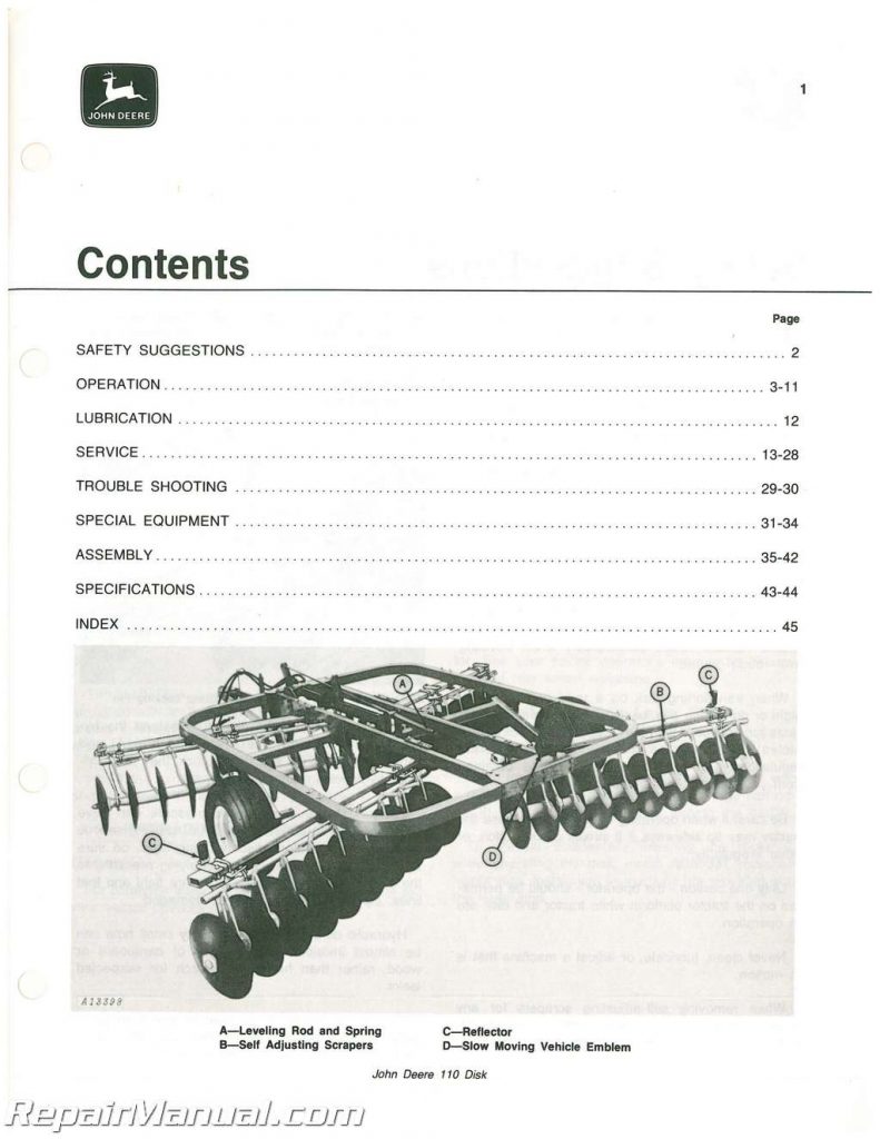 Used John Deere 110 Disk Operators Manual