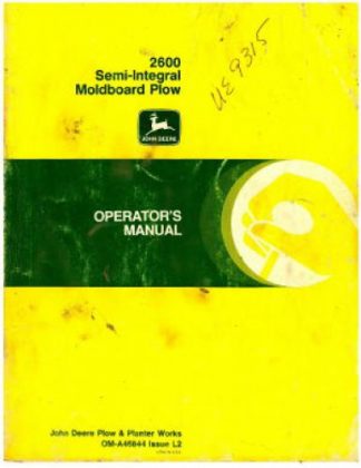 Used John Deere 2600 Semi-Integral Moldboard Plow Operators Manual