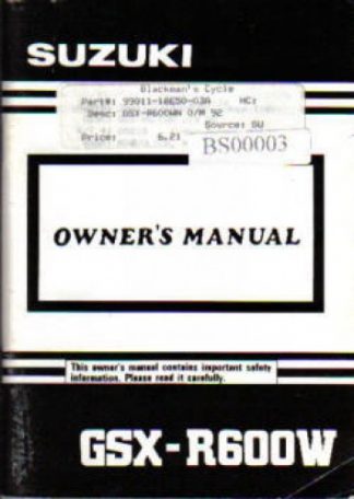 Official 1992 Suzuki GSX-R600WN Factory Owners Service Manual