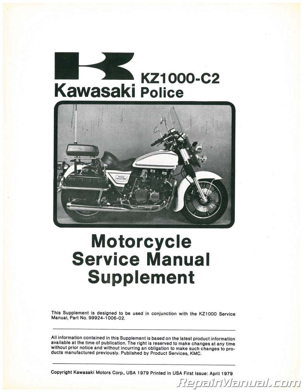 1981 Kawasaki KZ1000 Police Motorcycle Service Manual Supplement STAINED DEAL 