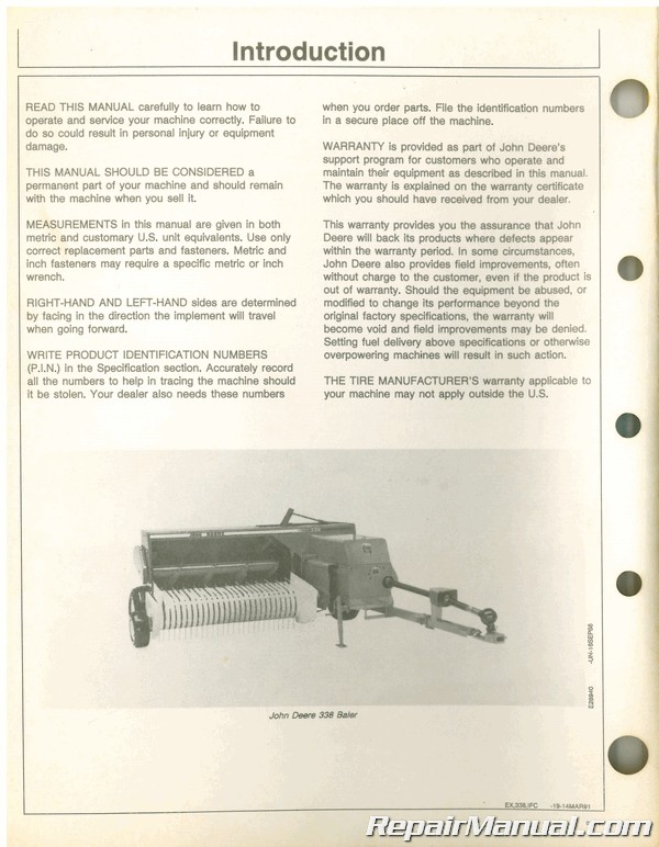 Used John Deere 328 and 338 Series Balers Operators Manual H1
