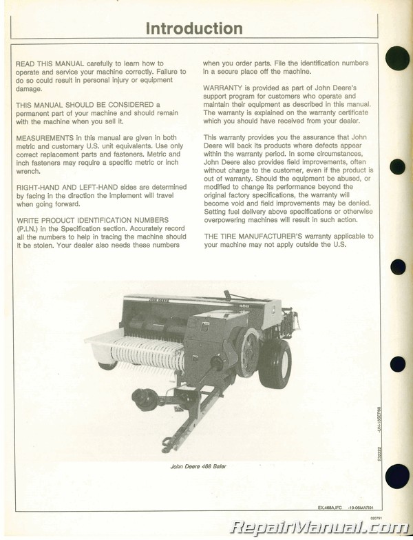 Used John Deere 468 Baler Operators Manual H1