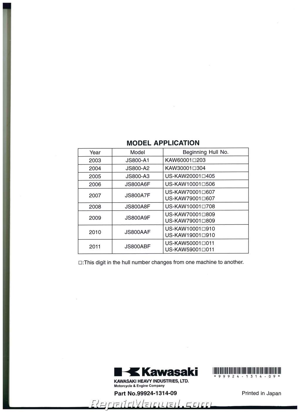 2003-2011 Kawasaki JS800A Jet Ski 800 SX-R Service Manual 99924-1314-09