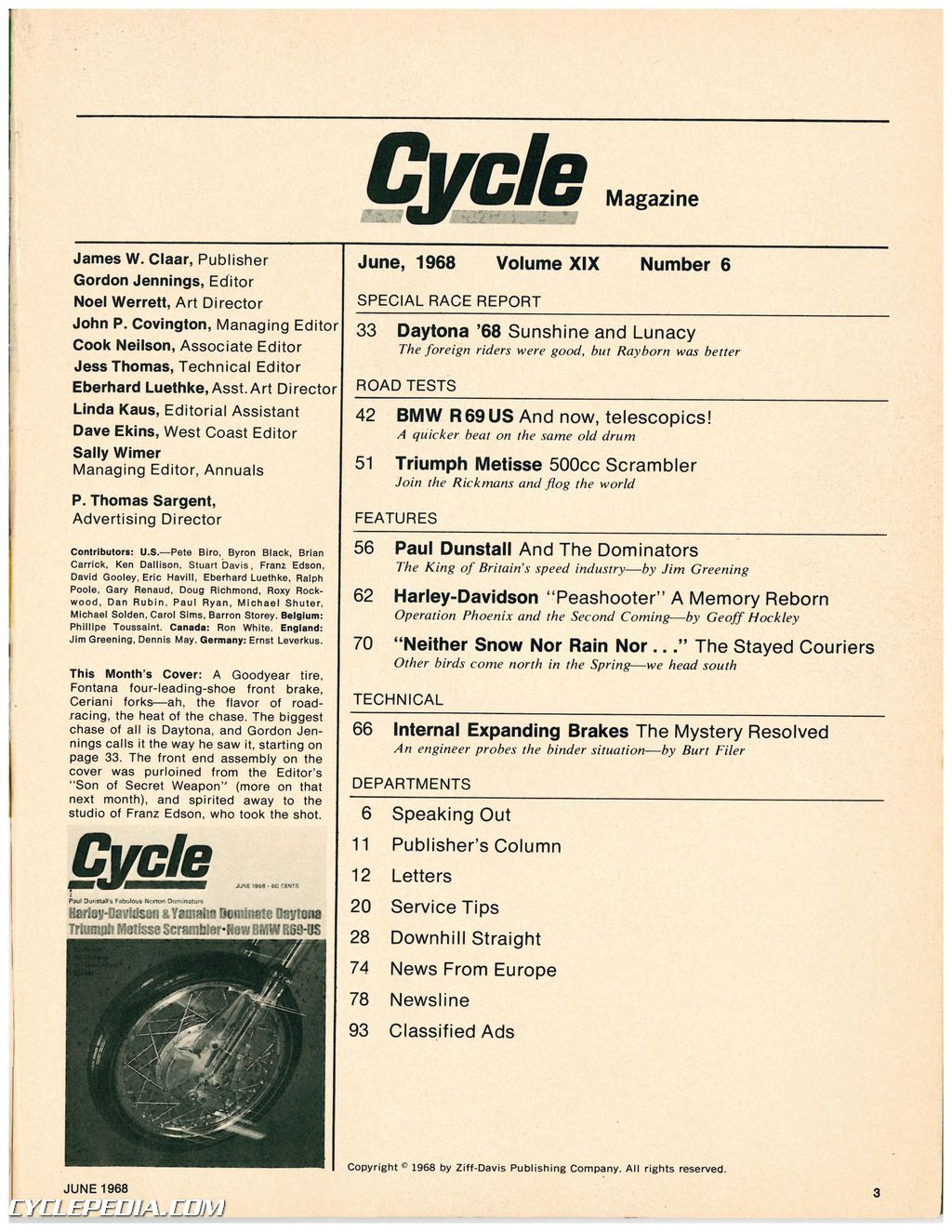 June 1968 Cycle Magazine - Harley Davidson & Yamaha Dominate Daytona