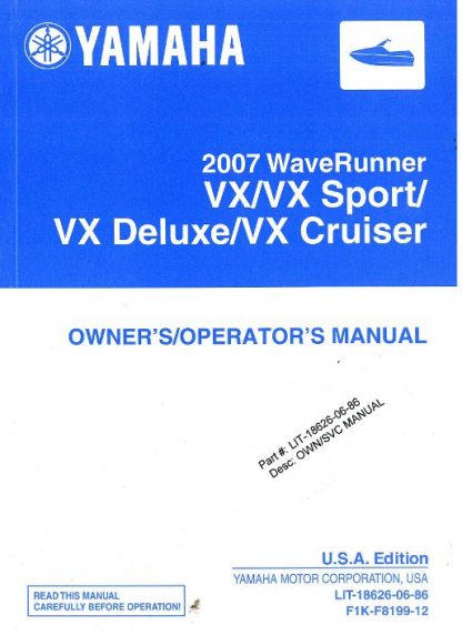 Official 2007 VX1100F Yamaha WaveRunner VX Factory Owners Manual