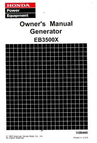 Honda EB3500X Generator Serial Range EB3500X EA6-3000001 To EA6-3099999 Owners Manual