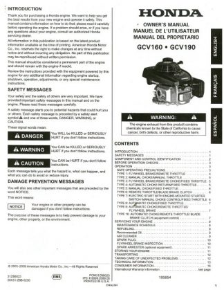 Official Honda GCV160 GCV190 Engine Owners Manual
