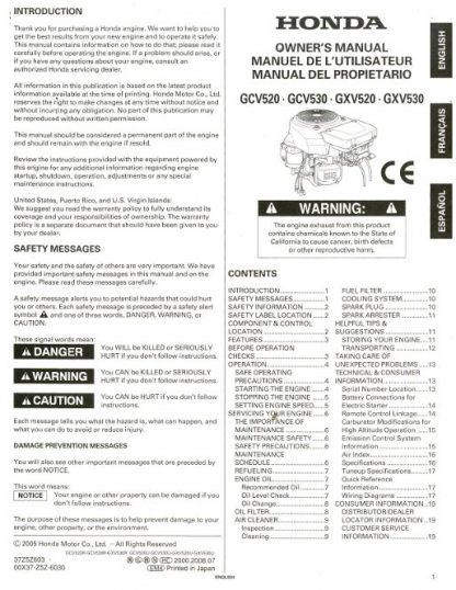 Official Honda GCV520 530 GXV520 530 Engine Owners Manual