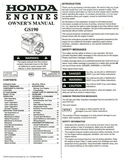 Official Honda GS190 Engine Owners Manual