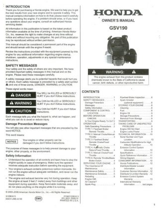 Official Honda GSV190 Engine Owners Manual
