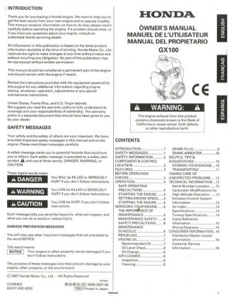 Official Honda GX100 Non-Rammer Engine Owners Manual