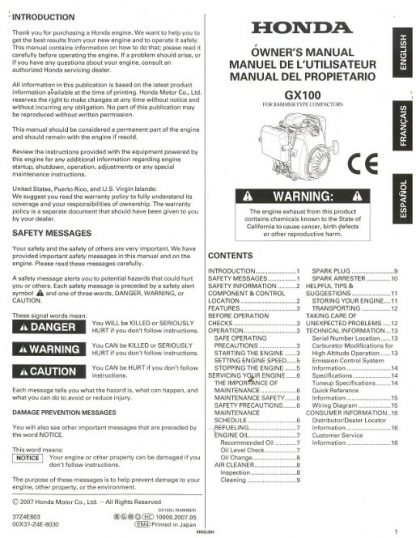 Official Honda GX100 Rammer Engine Owners Manual