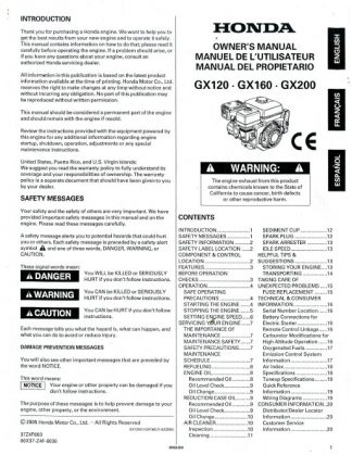 Official Honda GX120 Non-Rammer GX160 Non-Rammer GX200 Engine Owners Manual