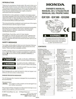 Official Honda GX120 Non-Rammer GX160 Non-Rammer GX200 Engine Owners Manual