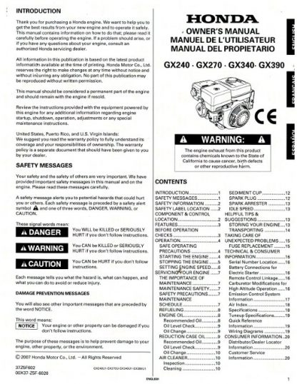 Official Honda GX240 GX270 GX340 GX390 Gasoline Fueled Engine Owners Manual
