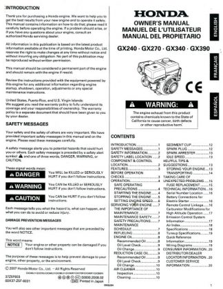 Official Honda GX240 GX270 GX340 GX390 Gasoline Fueled Engine Owners Manual