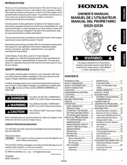 Official Honda GX25 GX35 Engine Owners Manual