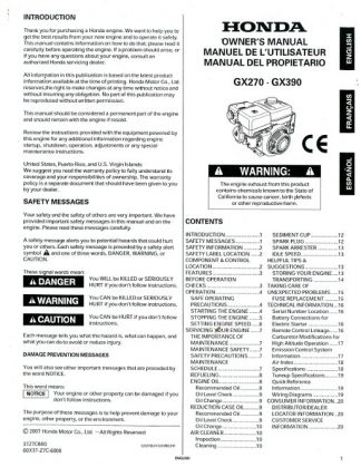 Official Honda GX270 GX390 Gasoline Fueled Engine Owners Manual