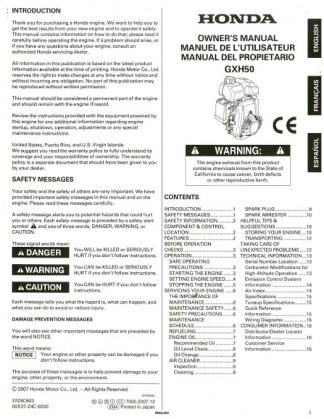 Official Honda GXH50 Engine Owners Manual