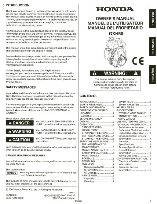  GXH50 Engine Owners Manual