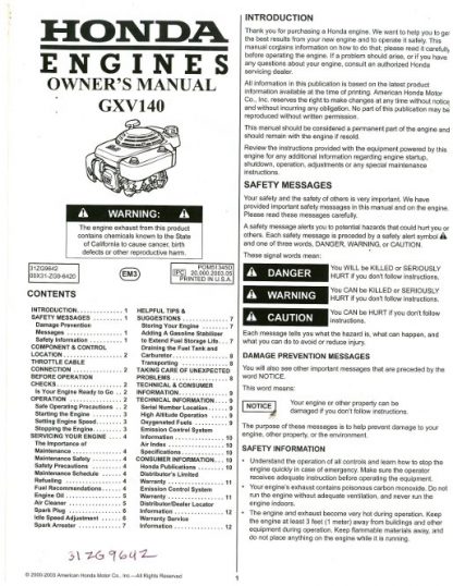Official Honda GXV140 Engine Owners Manual