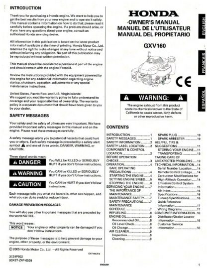 Official Honda GXV160 Engine Owners Manual