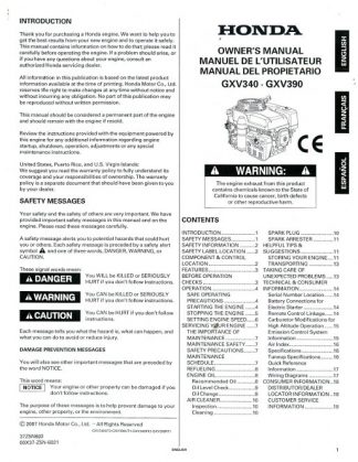 Official Honda GXV340 GXV390 Gas or LPG Engine Owners Manual
