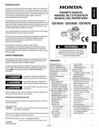 Official Honda GXV610 Gasoline Fueled GXV620 Gasoline Fueled GXV670 Engine Owners Manual