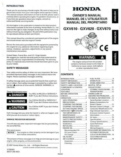 Official Honda GXV610 Gasoline Fueled GXV620 Gasoline Fueled GXV670 Engine Owners Manual