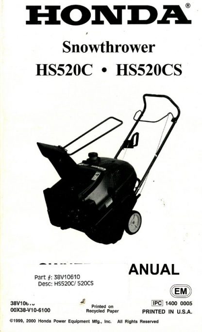 Official Honda X-Can HS520C 520CS Snowthrower Factory Owners Manual